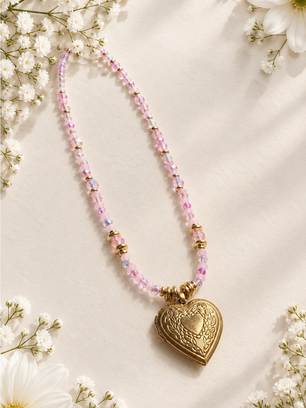 Gold Heart Locket Necklace with Pink Beads
